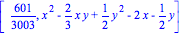 [601/3003, x^2-2/3*x*y+1/2*y^2-2*x-1/2*y]